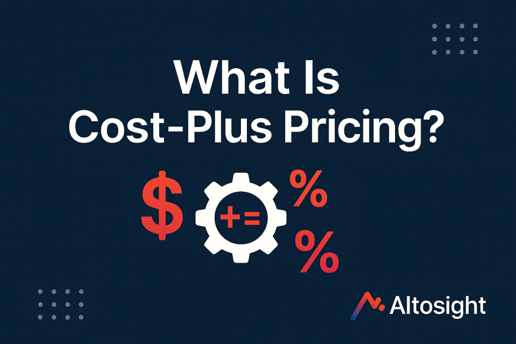 Illustration with cost-plus pricing symbols and title 'What Is Cost-Plus Pricing?' on dark blue background